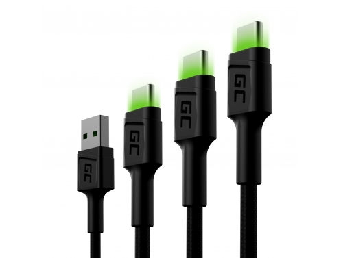 Set 3x Green Cell GC Ray USB cable - USB-C 30cm, 120cm, 200cm, green LED, fast charging Ultra Charge, QC 3.0