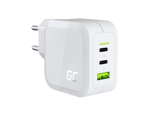 Green Cell White Power Charger 65W GaN GC PowerGan for laptop, MacBook, Iphone, Tablet, Nintendo Switch – 2x USB-C, 1x USB-A